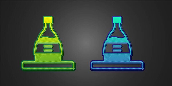 Green and blue Bottle of sake icon isolated on black background.  Vector
