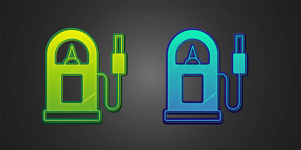 Green and blue Petrol or gas station icon isolated on black background. Car fuel symbol. Gasoline pump.  Vector