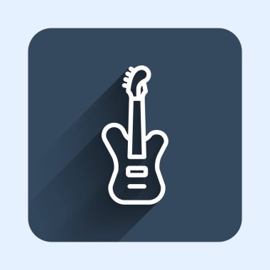 Beyaz çizgi elektro gitar ikonu uzun gölge arkaplan izole. Mavi kare düğme. Vektör