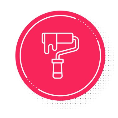 White line Paint roller brush icon isolated on white background. Red circle button. Vector