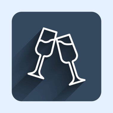 White line Glass of champagne icon isolated with long shadow background. Merry Christmas and Happy New Year. Blue square button. Vector