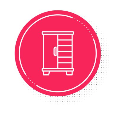 Beyaz çizgili gardırop simgesi beyaz arka planda izole edildi. Dolap tabelası. Kırmızı daire düğmesi. Vektör