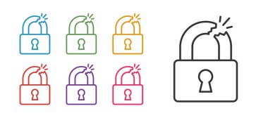 Set line Broken or cracked lock icon isolated on white background. Unlock sign. Set icons colorful. Vector