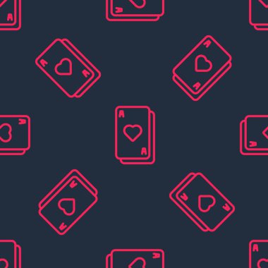 Kırmızı çizgi, kart simgesi oynatılıyor. Siyah arkaplanda kusursuz desen izole edildi. Kumarhane kumarı. Vektör