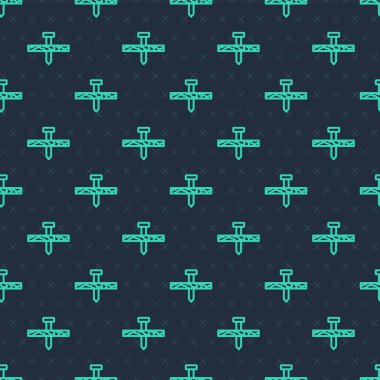 Yeşil çizgili metal çivi ve tahta ikonu mavi arka planda izole edilmiş pürüzsüz desen. Vektör