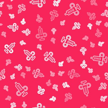 Beyaz çizgi şırınga simgesi kırmızı arkaplanda izole edilmiş. Aşı için şırınga, aşı, iğne, grip aşısı. Tıbbi ekipman. Vektör