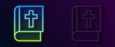 Parlayan neon hattı kutsal kitap ikonu siyah arka planda izole edildi. Vektör