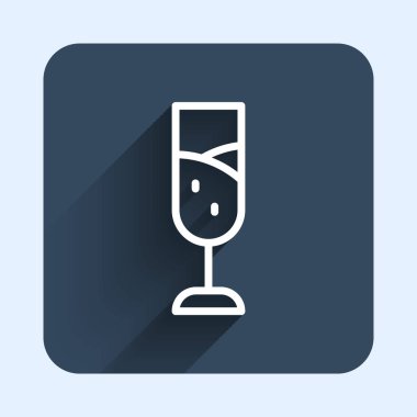 White line Glass of champagne icon isolated with long shadow background. Merry Christmas and Happy New Year. Blue square button. Vector