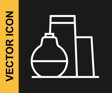 Beyaz çizgi petrol depolama ikonu siyah arkaplanda izole edildi. Petrol ve gaz endüstrisi için gemi deposu. Petrol tankı teknoloji istasyonu. Vektör