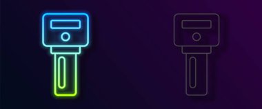 Siyah arka planda izole edilmiş uzaktan kumandalı parlak neon çizgili araba anahtarı. Araba anahtarı ve alarm sistemi. Vektör