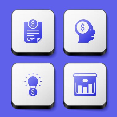 Set Contract money, Business man planning mind, Light bulb with dollar and Browser stocks market icon. White square button. Vector