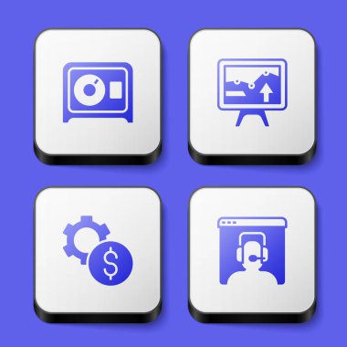 Set Safe, Monitor with graph chart, Gear dollar symbol and Telephone 24 hours support icon. White square button. Vector