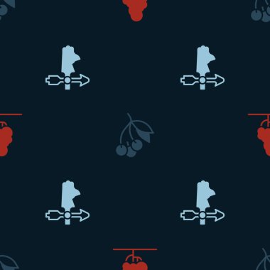 Set Fruit tree, Fresh berries and Rooster weather vane on seamless pattern. Vector