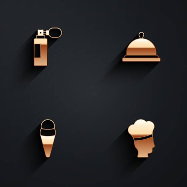 Yemek tepsisiyle kaplanmış parfüm, waffle 'lı dondurma ve uzun gölgeli İtalyan aşçı ikonu. Vektör