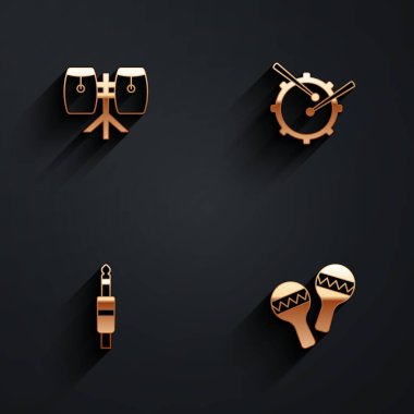 Conga davulları, sopalı davul, sesli kriko ve uzun gölgeli Maracas ikonu ayarlayın. Vektör