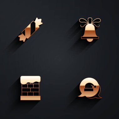 Set Candy, Christmas ringing bell, chimney and Santa Claus hat icon with long shadow. Vector