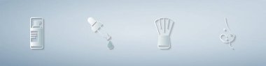 Set Shaving gel foam, Pipette with oil, Makeup brush and Acne. Paper art style. Vector