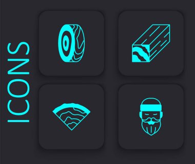 Set Lumberjack, Tree rings, Wooden beam and  icon. Black square button. Vector