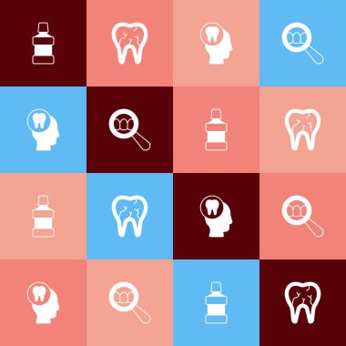 Set pop art Mouthwash, Broken tooth, Toothache and Dental search icon. Vector