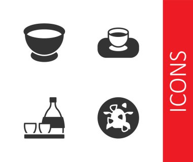 Set Kung Pao chicken, Soy sauce in bowl, Bottle of sake and  icon. Vector