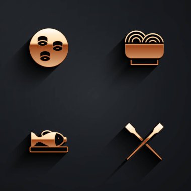 Set Sushi, Asian noodles in bowl, Served fish on plate and Food chopsticks icon with long shadow. Vector