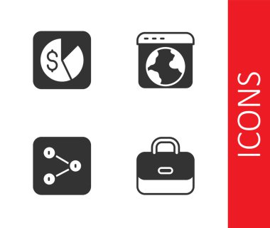 Set Briefcase, Market analysis, Share and Worldwide icon. Vector