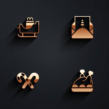 Set Christmas santa claus sleigh, Envelope, Candy cane with stripes and Roasted turkey or chicken icon with long shadow. Vector