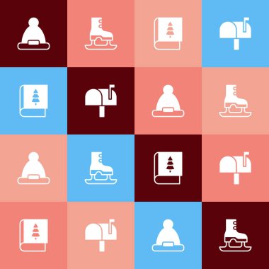 Set pop art Christmas Santa Claus hat, Skates, book and Mail box icon. Vector