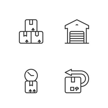 Çizgiyi geri getir karton kutu, saatli mukavva, karton ve depo simgesi. Vektör