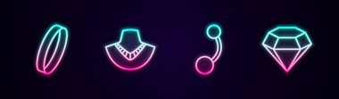 Set line Wedding ring, Necklace on mannequin, Piercing and Diamond. Glowing neon icon. Vector