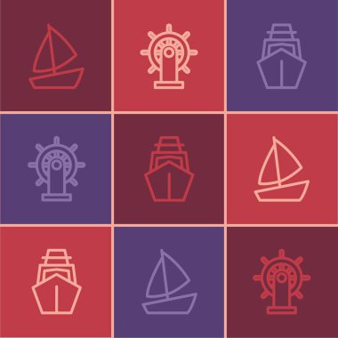Set line Yacht sailboat,  and Ship steering wheel icon. Vector