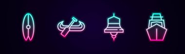 Set line Surfboard, Kayak and paddle, Ship bell and Yacht sailboat. Glowing neon icon. Vector