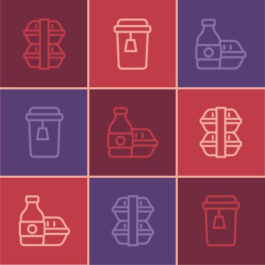 Set line Lunch box, Online ordering food and Cup of tea icon. Vector
