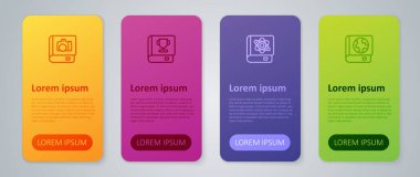 Set line Book about physics, Earth globe and book, Photo album gallery and . Business infographic template. Vector