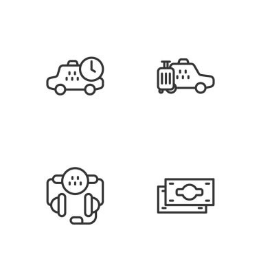 Set line Stacks paper money cash, Taxi call telephone service, waiting time and car icon. Vector