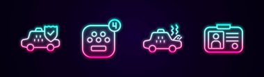 Set line Taxi car insurance, mobile app, Broken taxi and driver license. Glowing neon icon. Vector