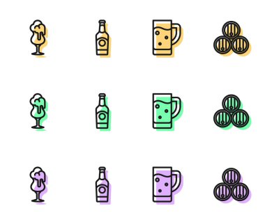 Set line Glass of beer, Beer bottle and Wooden barrel icon. Vector