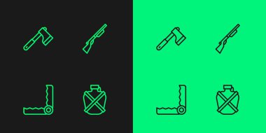Set line Canteen water bottle, Trap hunting, Wooden axe and Hunting gun icon. Vector