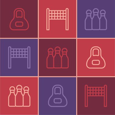 Set line Weight, Bowling pin and Volleyball net icon. Vector