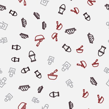 Set line Chicken egg on a stand, Kitchen colander, apron and Cooking whisk with bowl on seamless pattern. Vector