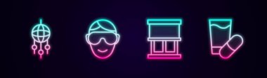 Set line Dream catcher with feathers, Eye sleep mask, Window curtains and Sleeping pill. Glowing neon icon. Vector