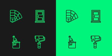 Çizgi boyası fırçası, kovayla birlikte boya palet rehberi ve kapalı kapı simgesi. Vektör