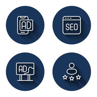 Satır Reklamcılığını, SEO optimizasyonunu ve uzun gölgeli tüketici ürün değerlendirmesini ayarla. Mavi daire düğmesi. Vektör