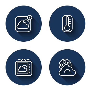 Meteoroloji uygulaması, termometre ve uzun gölgeli ay bulutu ayarlayın. Mavi daire düğmesi. Vektör