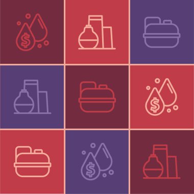 Set line Oil drop with dollar symbol, Canister for gasoline and tank storage icon. Vector