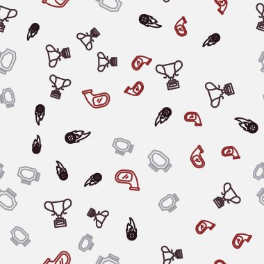 Set line Wheel in fire flame, Award cup, Check engine and Car mirror on seamless pattern. Vector