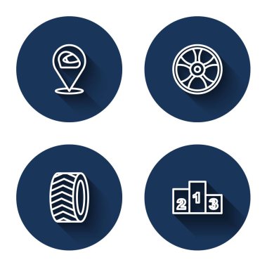 Set line Racing helmet, Alloy wheel for car, Car tire and Award over sports winner podium with long shadow. Blue circle button. Vector