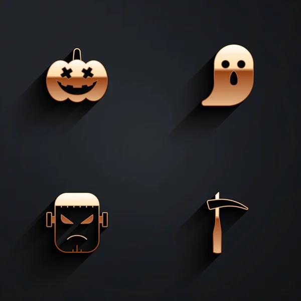 Set Pumpkin Ghost Frankenstein Face Scythe Icon Long Shadow Vector — Wektor stockowy