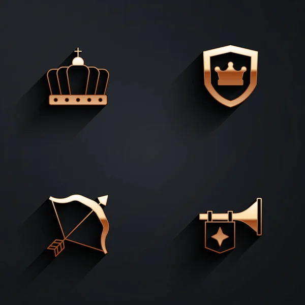 Set King Crown Shield Medieval Bow Arrow Trumpet Flag Icon — Vector de stock