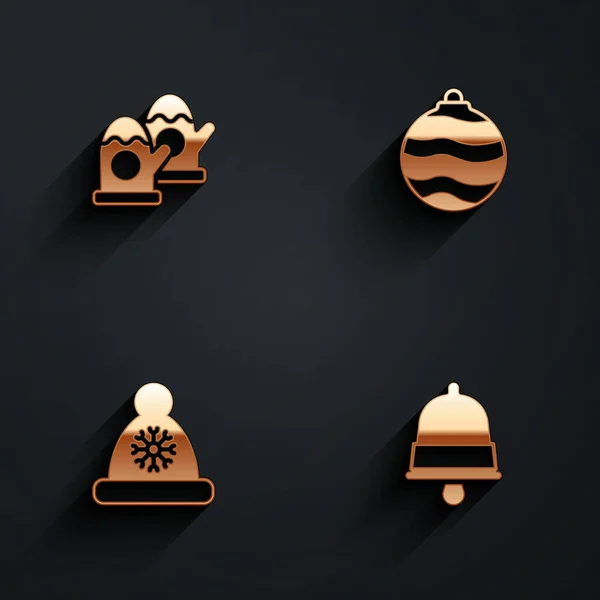 Set Christmas Mittens Ball Santa Claus Hat Ringing Bell Icon — Vector de stock